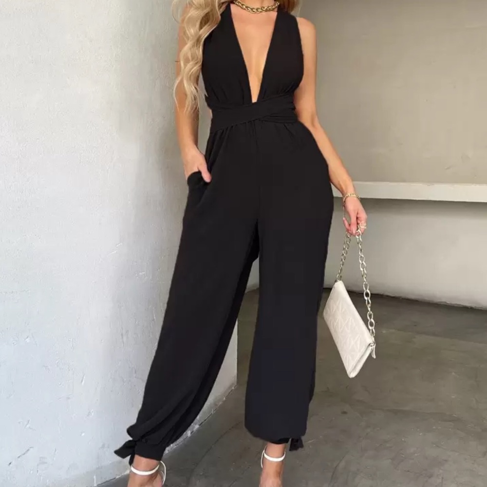 Black Women's V-Neck Jumpsuit with Tie-Ankle Pants